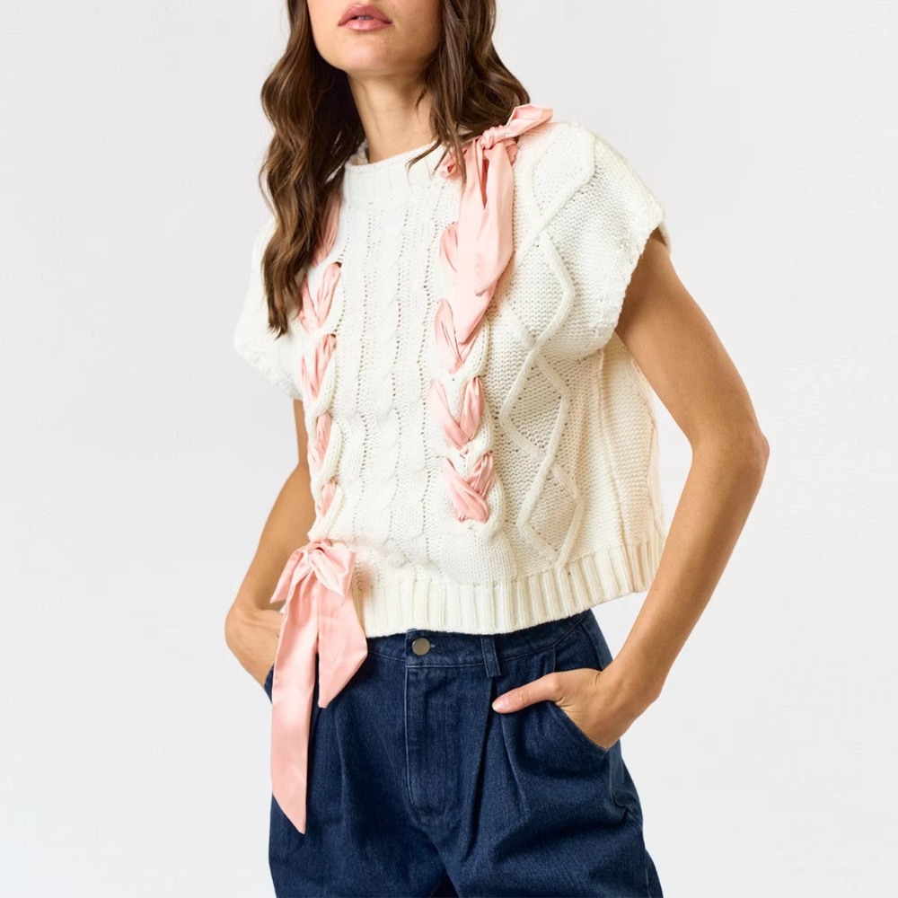 pull sans manches tricot noeud blanc rose