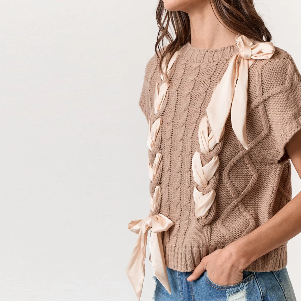 pull sans manches tricot noeud beige