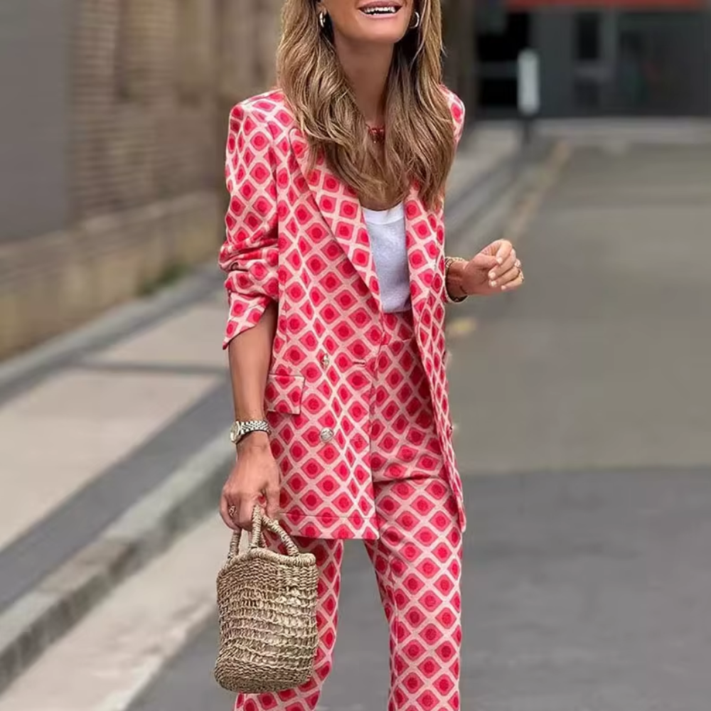 tailleur blazer pantalon crayon imprimé géométrique rose femme (3)