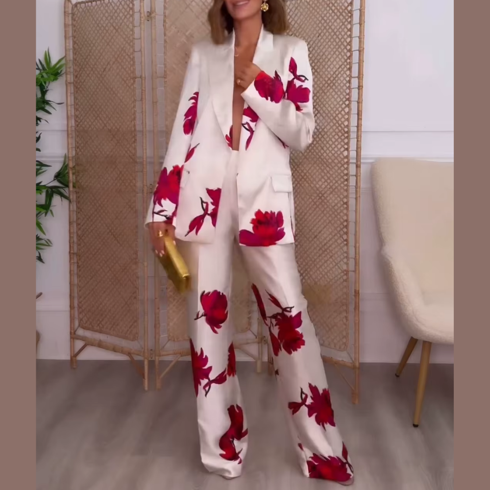 ensemble tailleur femme blanc fleuri rose