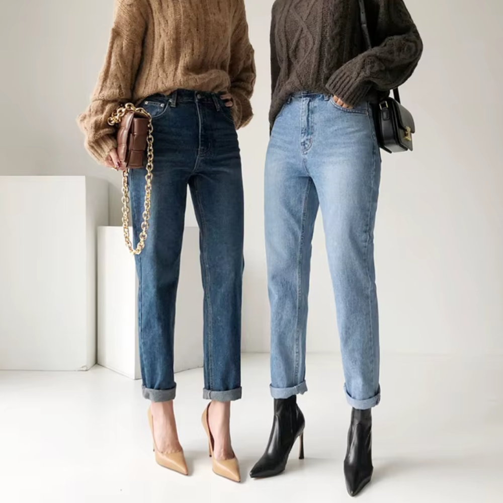 jean denim taille haute droit retroussé femme