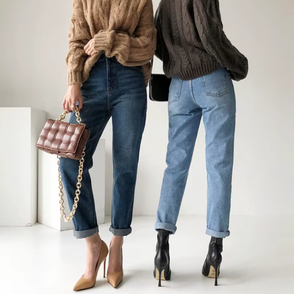 jean denim taille haute retroussé femme