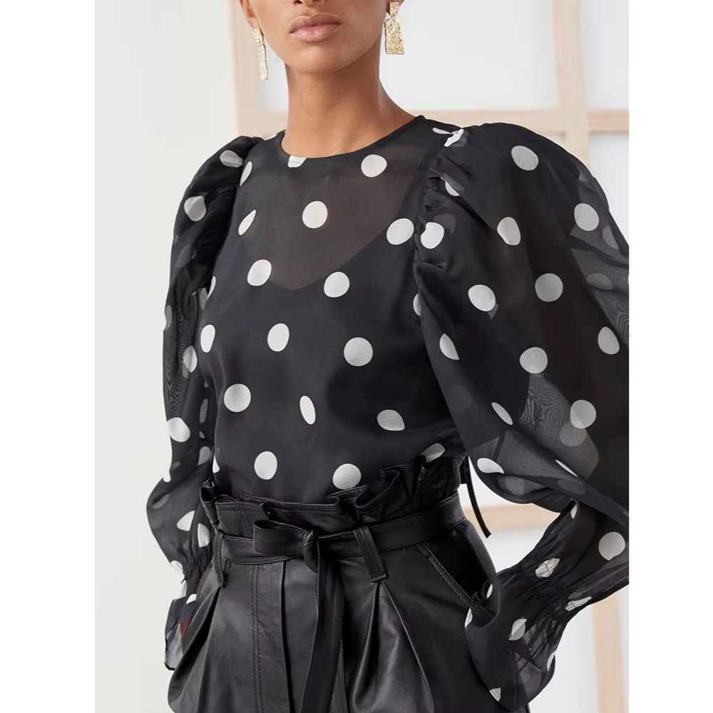 Chemisier en mousseline de soie pour femme transparent à pois