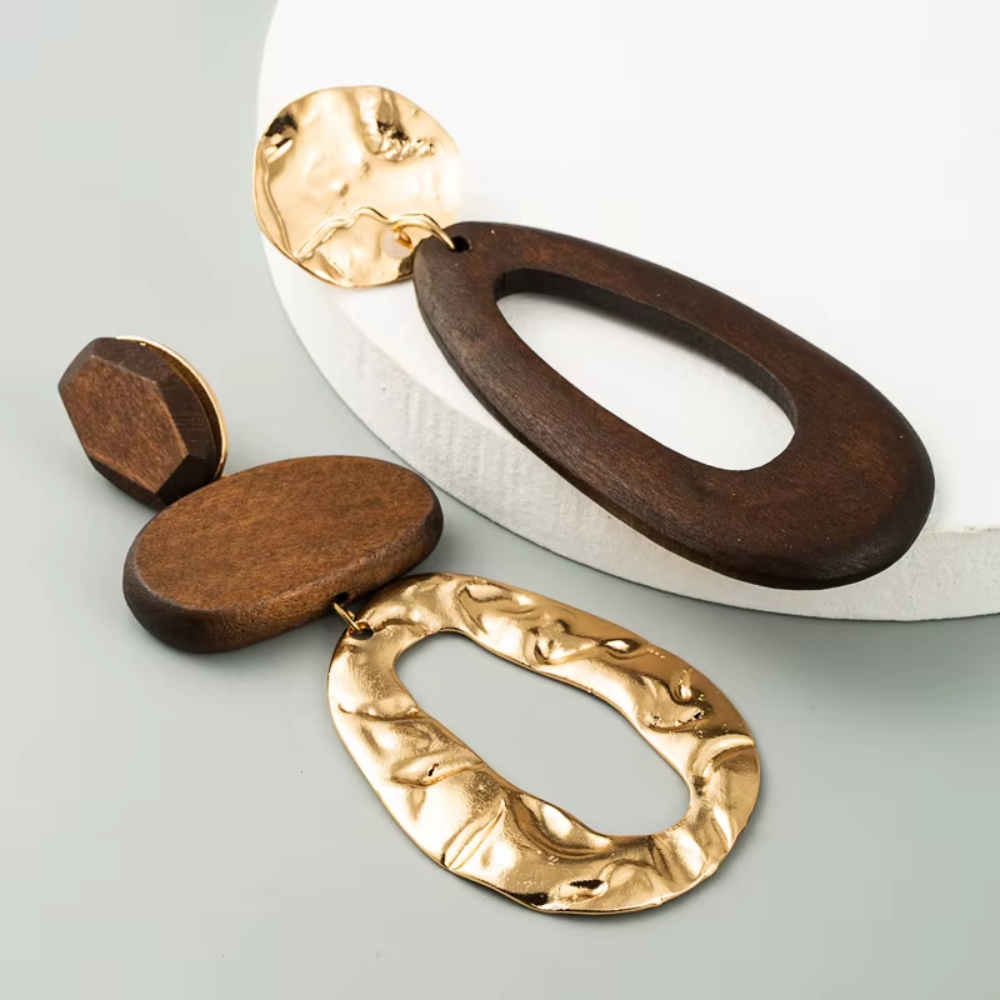 Boucles doreilles longues asymétriques en bois vintage pour femme (2)