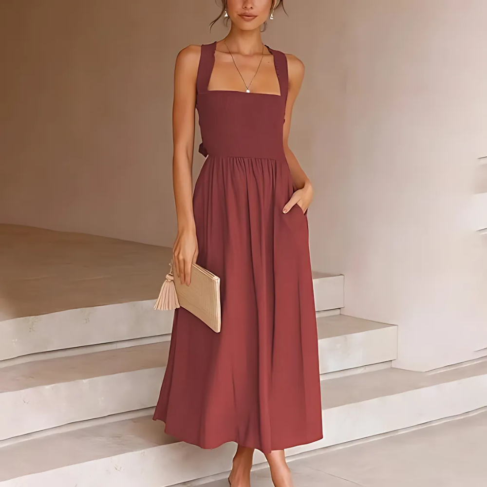 Robe longue à dos nu croisé pour femme marron