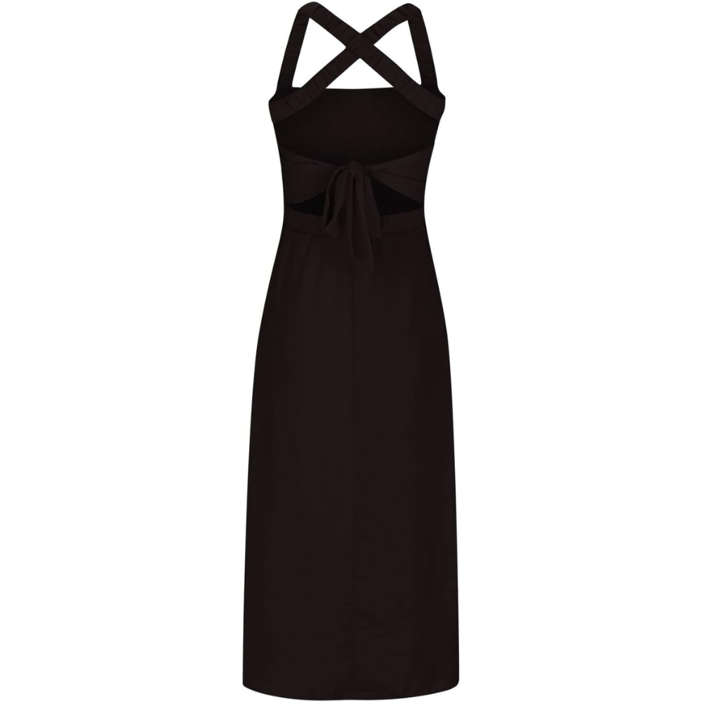 Robe longue à dos nu croisé pour femme noire (3)