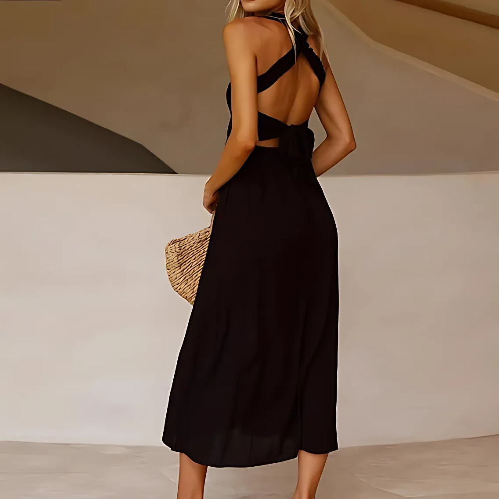 Robe longue à dos nu croisé pour femme noire