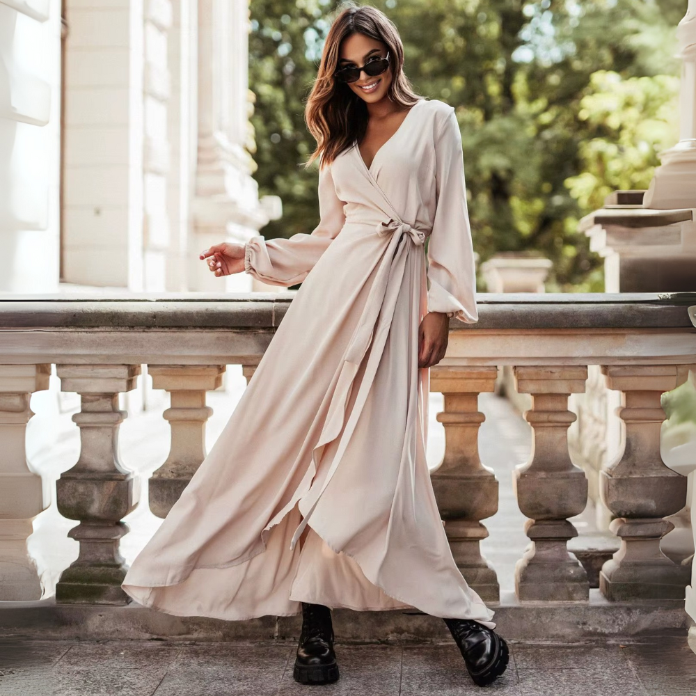 robe longue portefeuille élégante beige