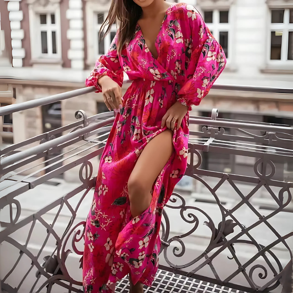 robe longue imprimée rose fushia