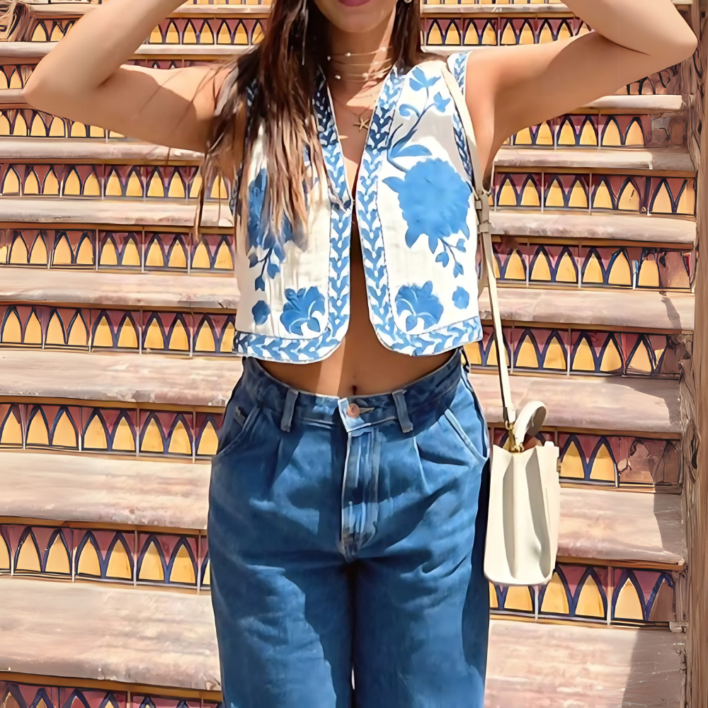 gilet sans manches tendance femme bleu brodé