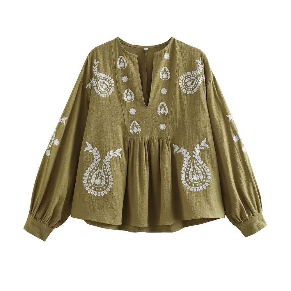 blouse kaki brodée bohème