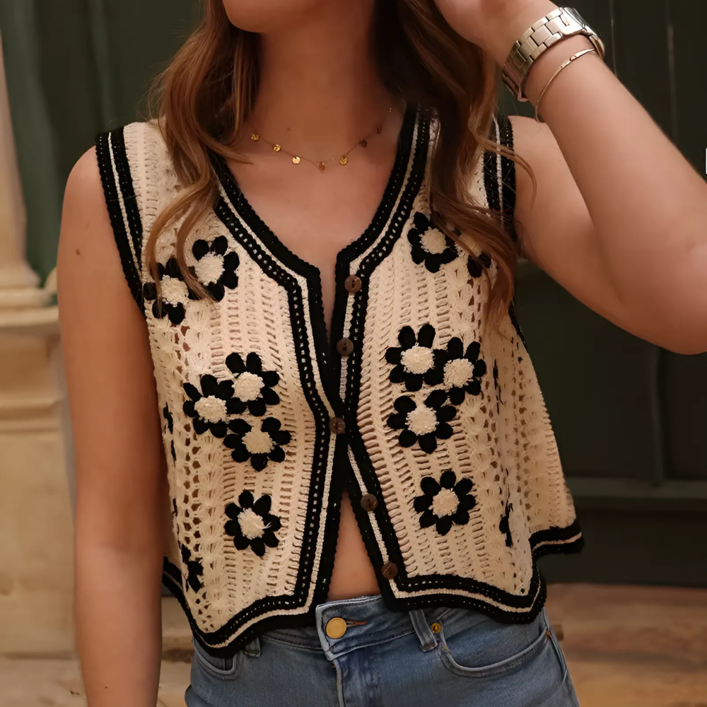 gilet sans manches en crochet noir et blanc