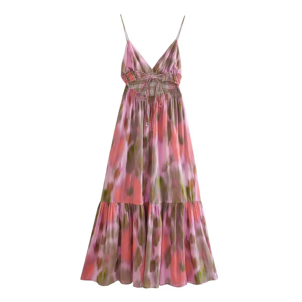 robe longue à bretelles imprimée tendance tye and die printemps été