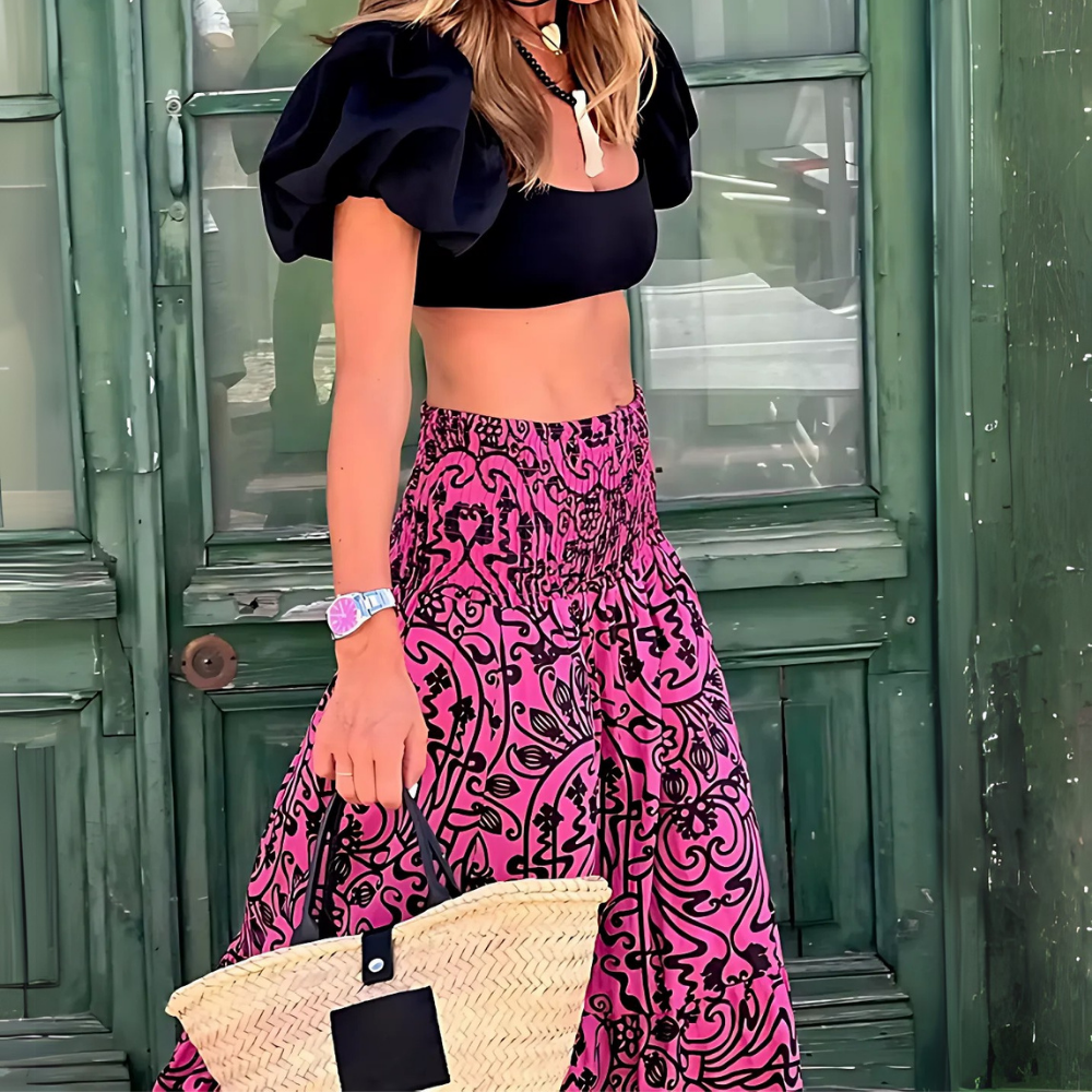 jupe longue fleurie rose et noire (2)