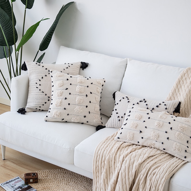 Housse-de-coussin-g-om-trique-Blanc-noir-housse-d-oreiller-tiss-e-de-Style-marocain