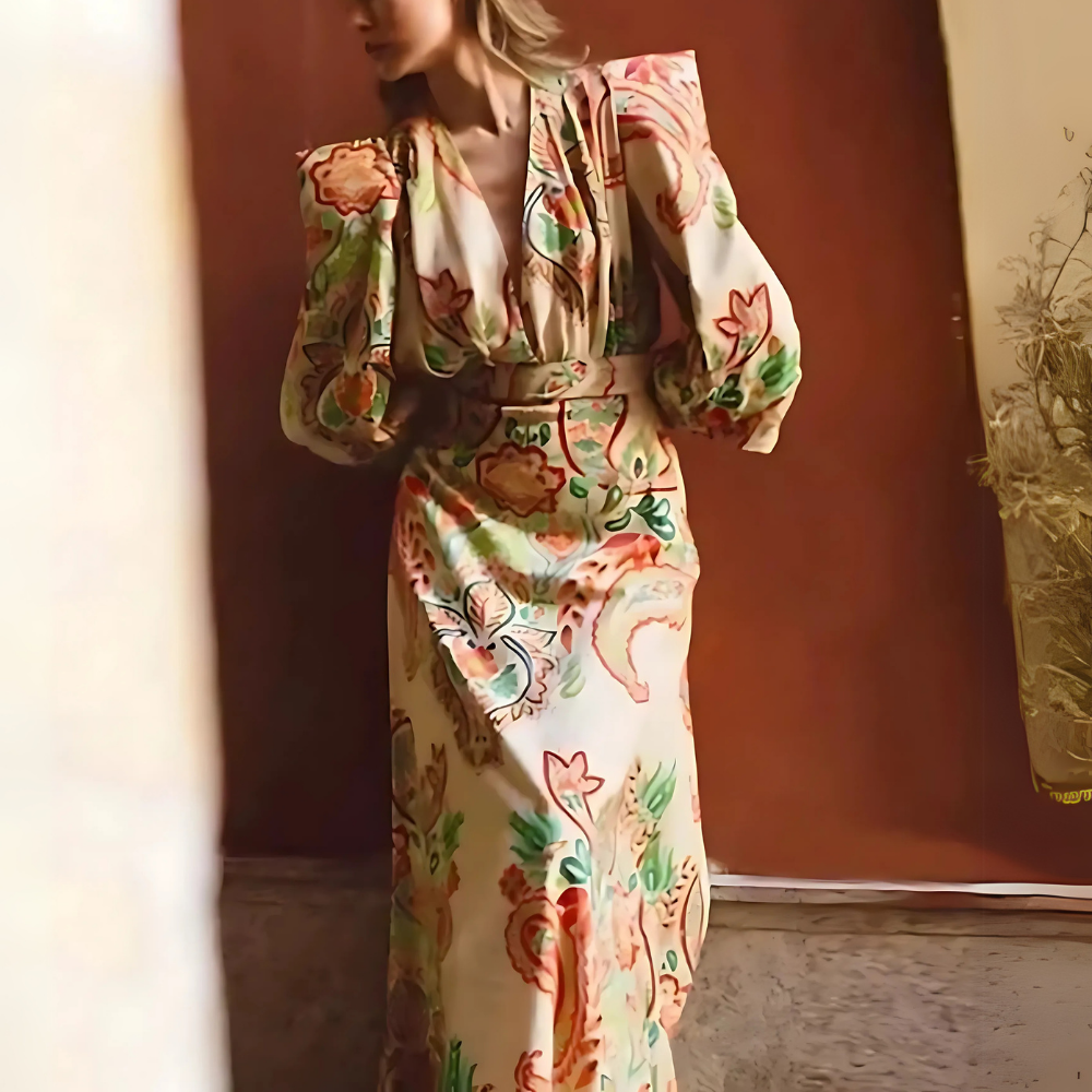 Robe maxi imprimée à col en V (3)