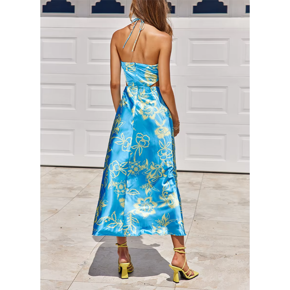 robe longue  dété satinée chic bleu (2)