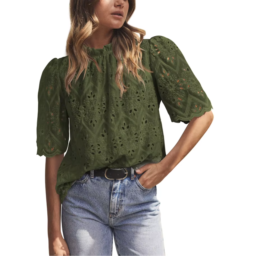 blouse à manches courtes en dentelle kaki