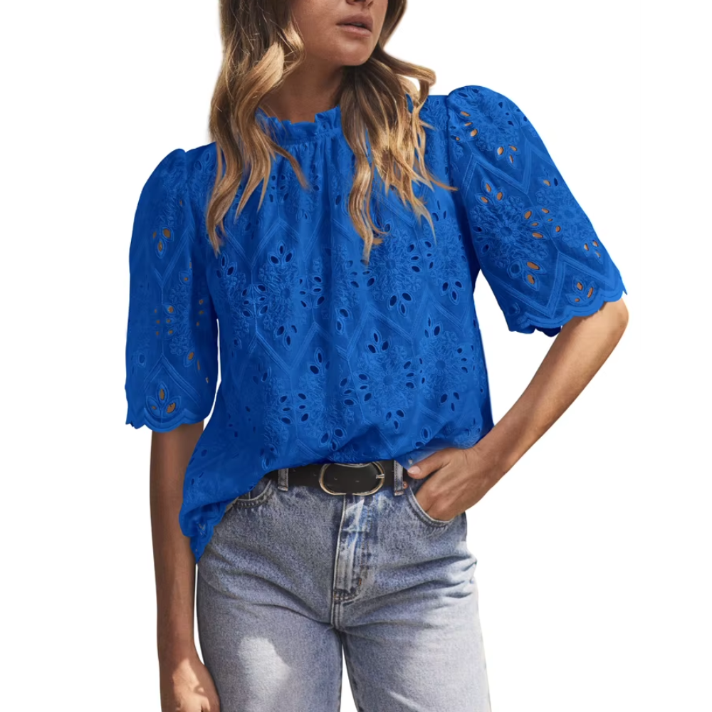 blouse à manches courtes en dentelle bleu roi