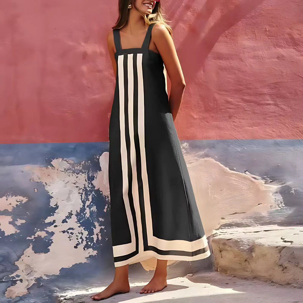 robe longue à bretelles noire et blanche