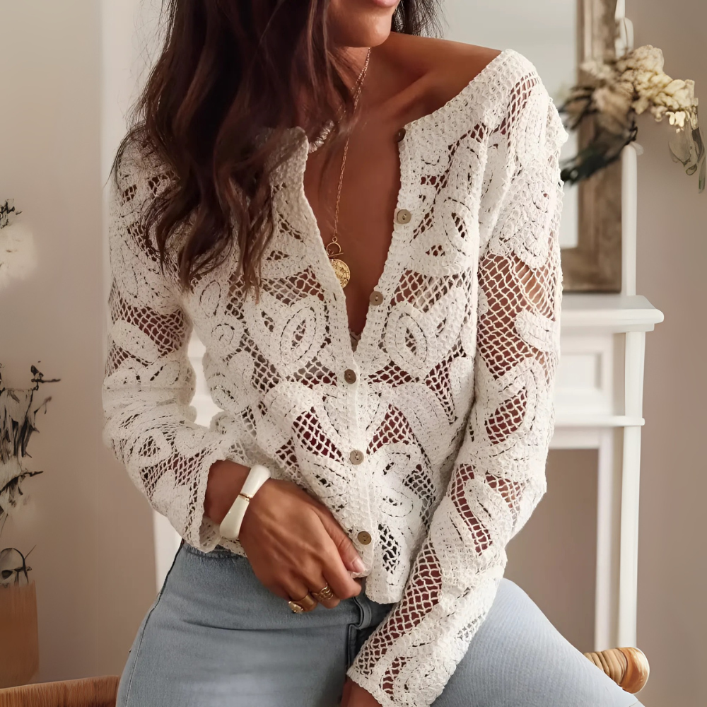 cardigan brodé en crochet blanc fleuri
