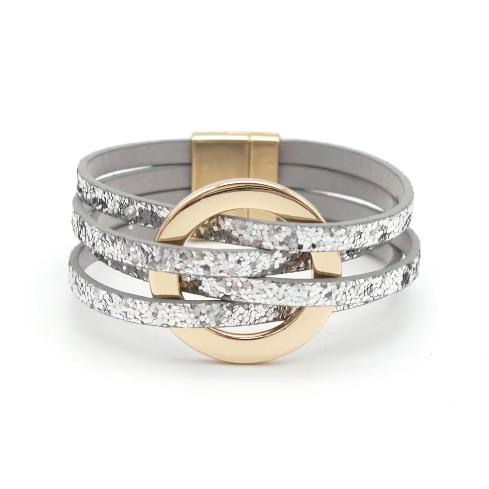 bracelet en cuir multirang argenté pailleté