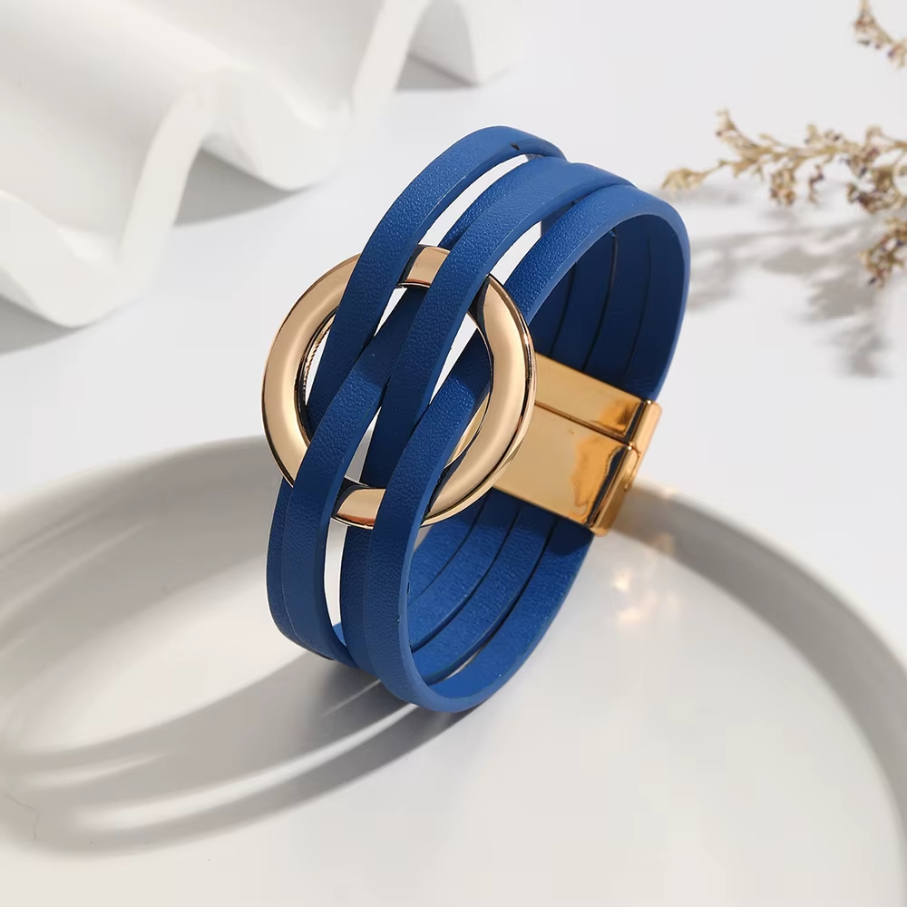 bracelet en cuir multirang bleu roi
