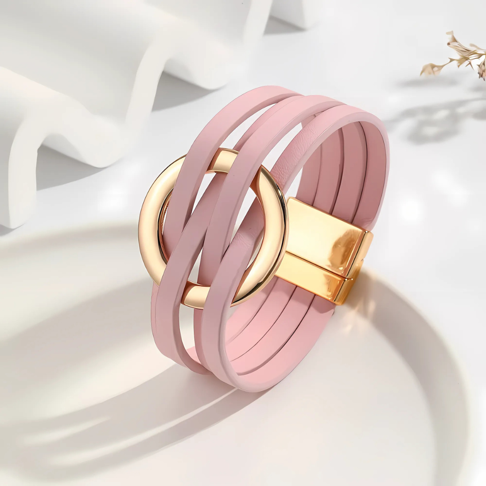 bracelet en cuir multirang rose