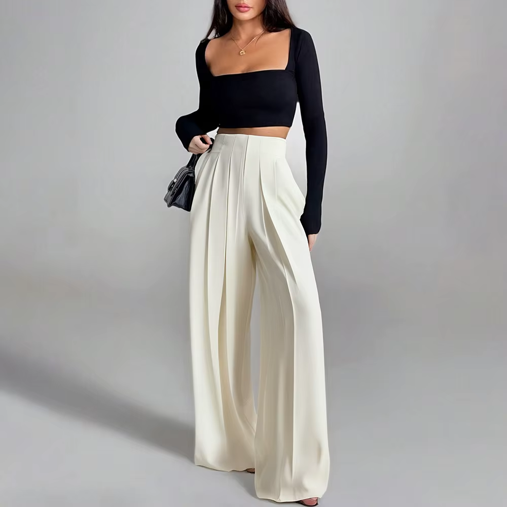 pantalon blanc été taille haute à jambes larges femme élégant