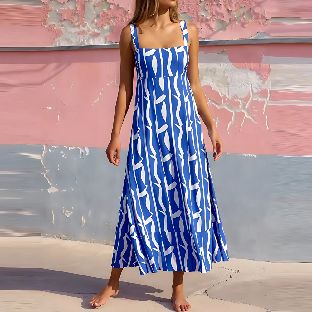 robe longue à bretelles été femme imprimé bleu