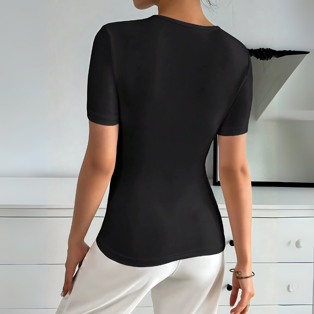 T-shirt chic à manches courtes broches dorées noir (2)