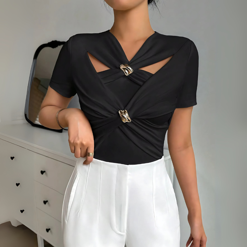 T-shirt chic à manches courtes broches dorées noir (3)