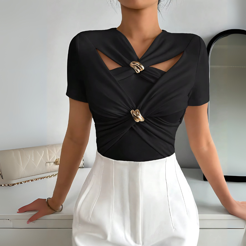 T-shirt chic à manches courtes broches dorées noir (4)