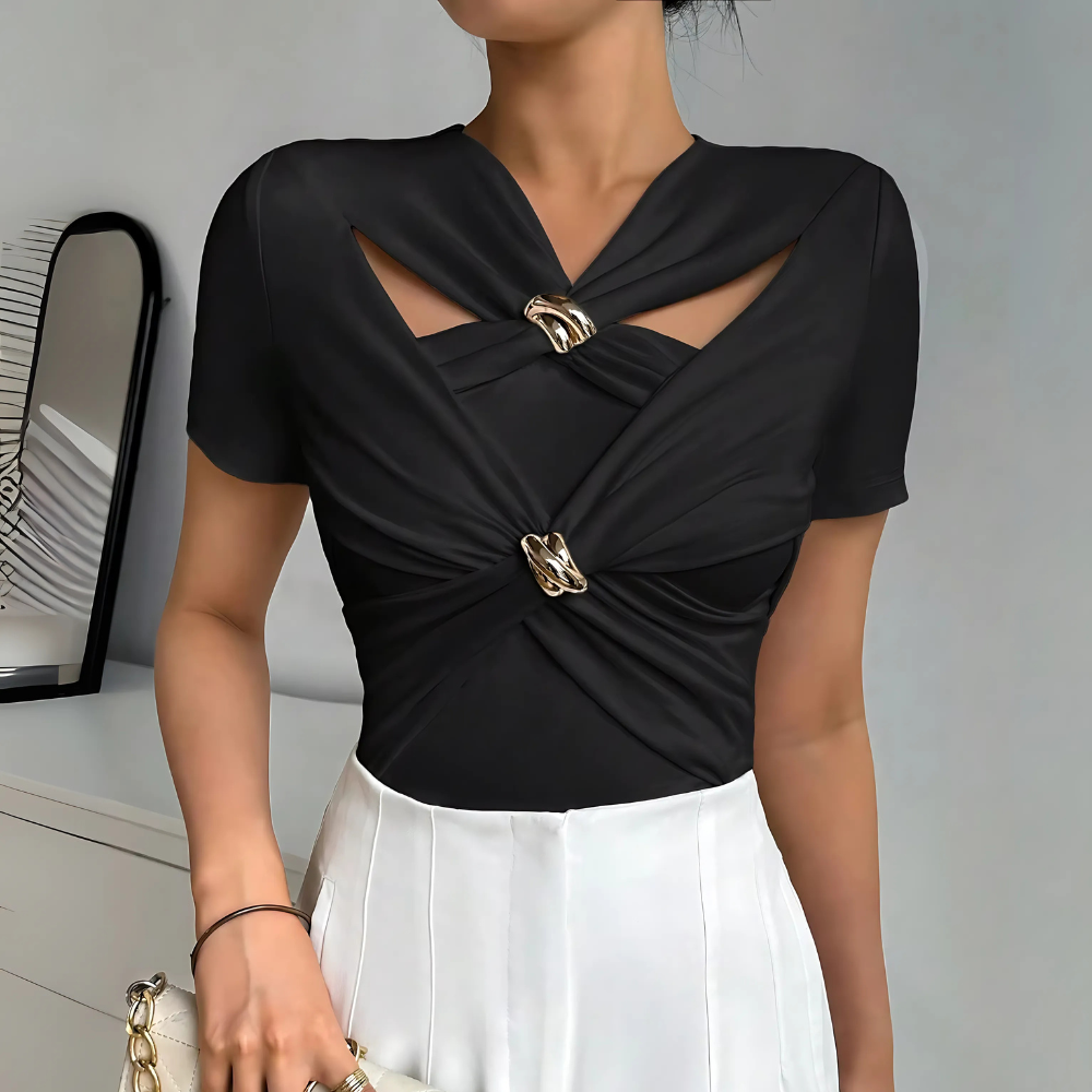 T-shirt chic à manches courtes broches dorées noir