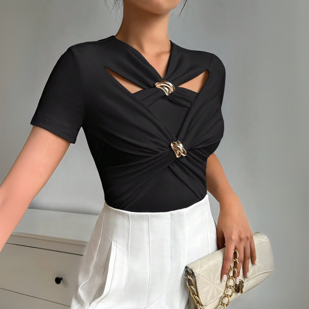 T-shirt chic à manches courtes broches dorées noir (5)