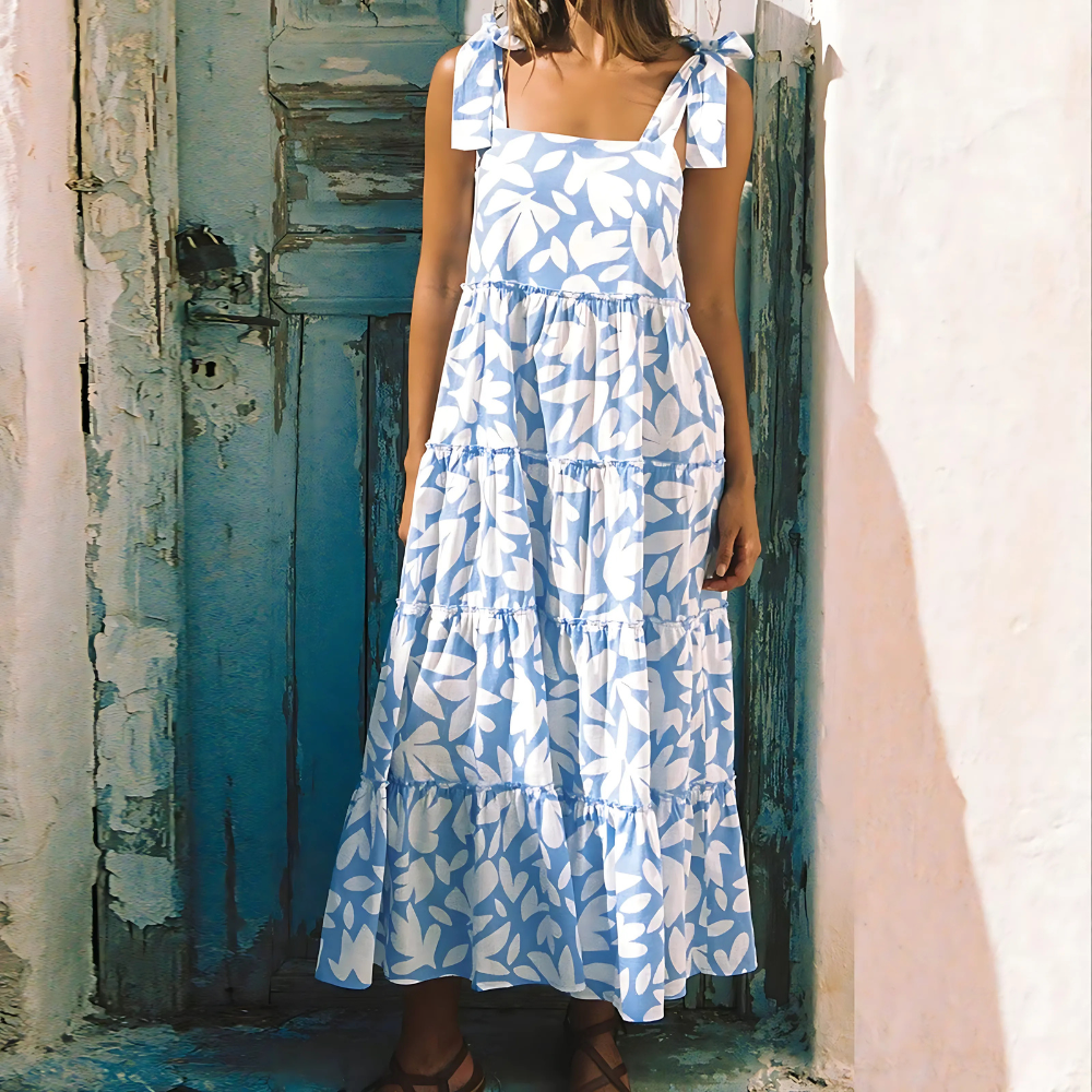 robe longue à bretelles bleue à fleurs