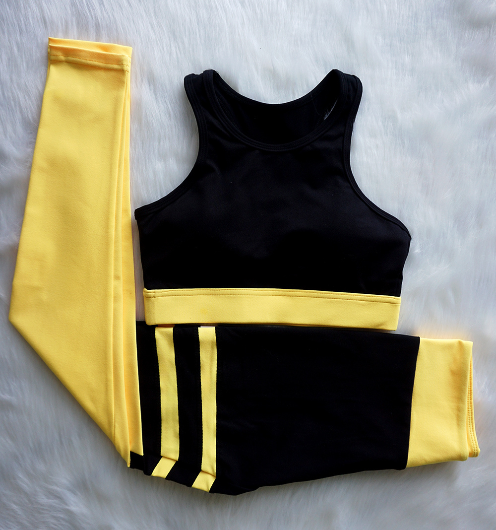 Ensemble de yoga brassière legging femme bicolore jaune noir