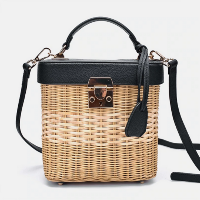 sac à main chic en paille tressé cuir noir femme