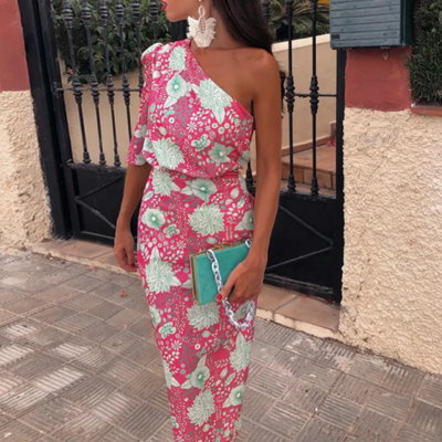 robe longue rose fushia à fleurs pour cérémonie