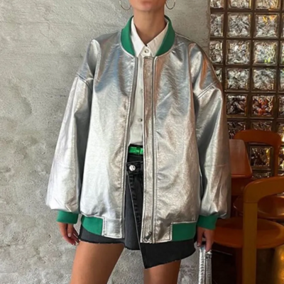 bomber argenté femme col vert