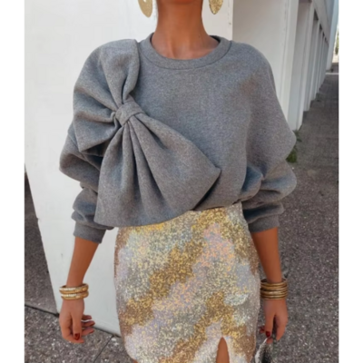 pull gris à noeud femme