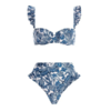 maillot de bain imprimé vintage à volants 2 pièces bleu