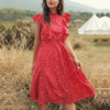 Robe imprimée volants rouge mi-longue 5