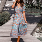 robe portefeuille midi imprimée bleue boho femme paris