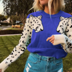 Pull sweat bleu violet lion leopard dessin mode femme automne hiver 2020 en ligne