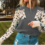 Pull sweat gris lion leopard dessin mode femme automne hiver 2020 en ligne