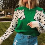 Pull sweat vert lion leopard dessin mode femme automne hiver 2020 en ligne