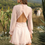 robe mini dos nu ouvert courte rose imprimée fleurie volants manches longues femme printemps été 2021