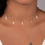 collier ras du cou lune étoile argent acier inoxydable plaqué or