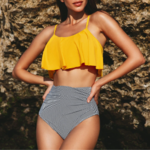 maillot de bain 2 pièces femme culotte haute jaune et noir bikini tendance